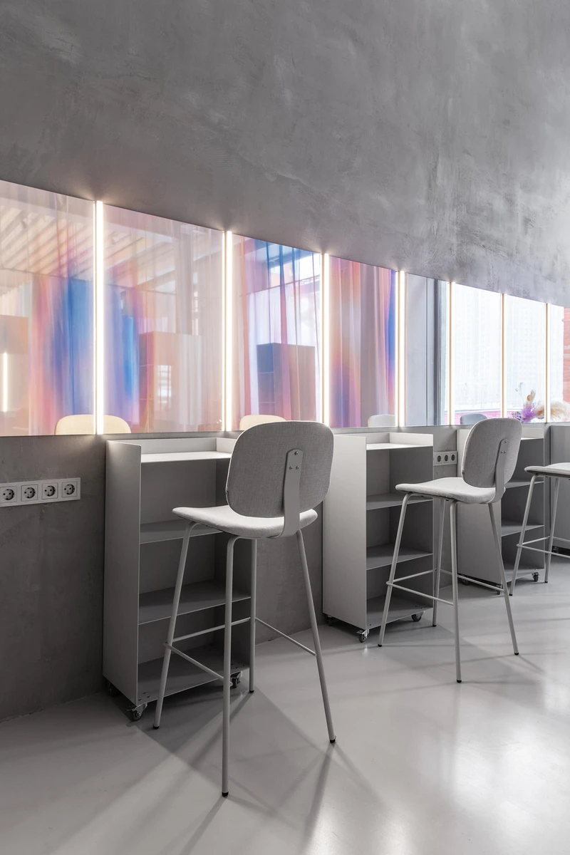 Sphera Beauty Co-Working salon by Eduard Eremchuk uses iridescent textiles to create a new kind of hybrid, shared workspace for beauticians with a penchant for minimalism. Photos: Inna Kablukova