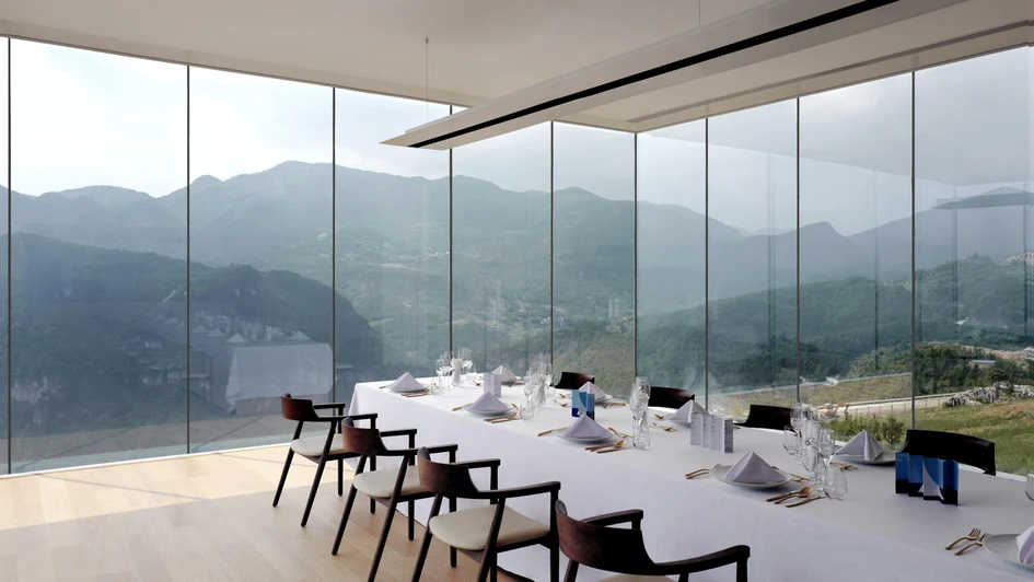 Designed by C+ Architects, the seven-metre, column-free cantilevered space of the Floating Island Restaurant directs the diner's attention towards the mountainous landscape. Photos: Courtesy of C+ Architects