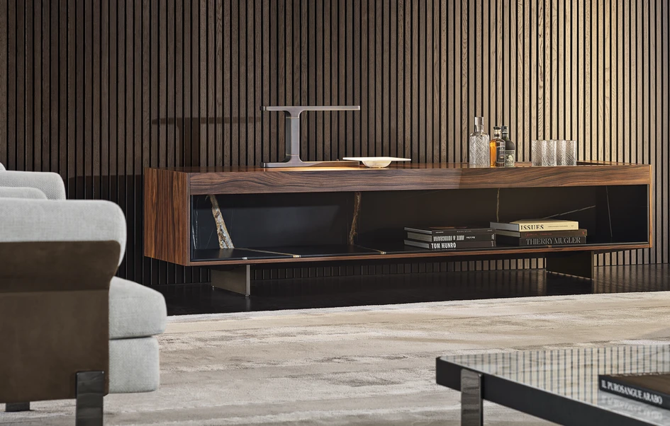 Top: Marcio Kogan’s minimalist Linha dining table. Center: GamFratesi’s Fynn armchairs with their characterful swooping, elongated armrests. Above: Kogan’s Boteco sideboard with built-in drinks tray highlights the architect’s penchant for clean lines