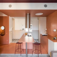 Striking colour blocking in the kitchen on CaSA – Colombo and Serboli Architecture's Klinker Apartment emphasises its role as the home's prime social space. Photos: Roberto Ruiz