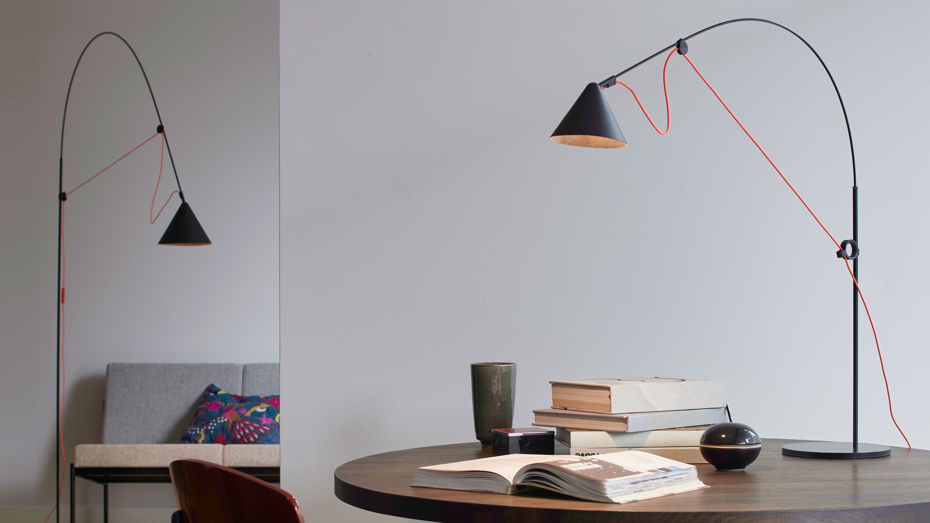 AYNO table S + floor L (top). Photo: Peter Fehrentz. AYNO prototype next to the midgard TYP 113, the so called ‘Peitschenleuchte’, as used in the Bauhaus. AYNO Photo: Diez Office. TYP 113. Photo: Jenner Egberts