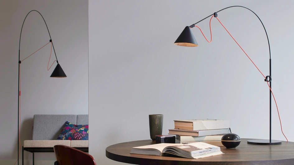 AYNO table S + floor L (top). Photo: Peter Fehrentz. AYNO prototype next to the midgard TYP 113, the so called ‘Peitschenleuchte’, as used in the Bauhaus. AYNO Photo: Diez Office. TYP 113. Photo: Jenner Egberts