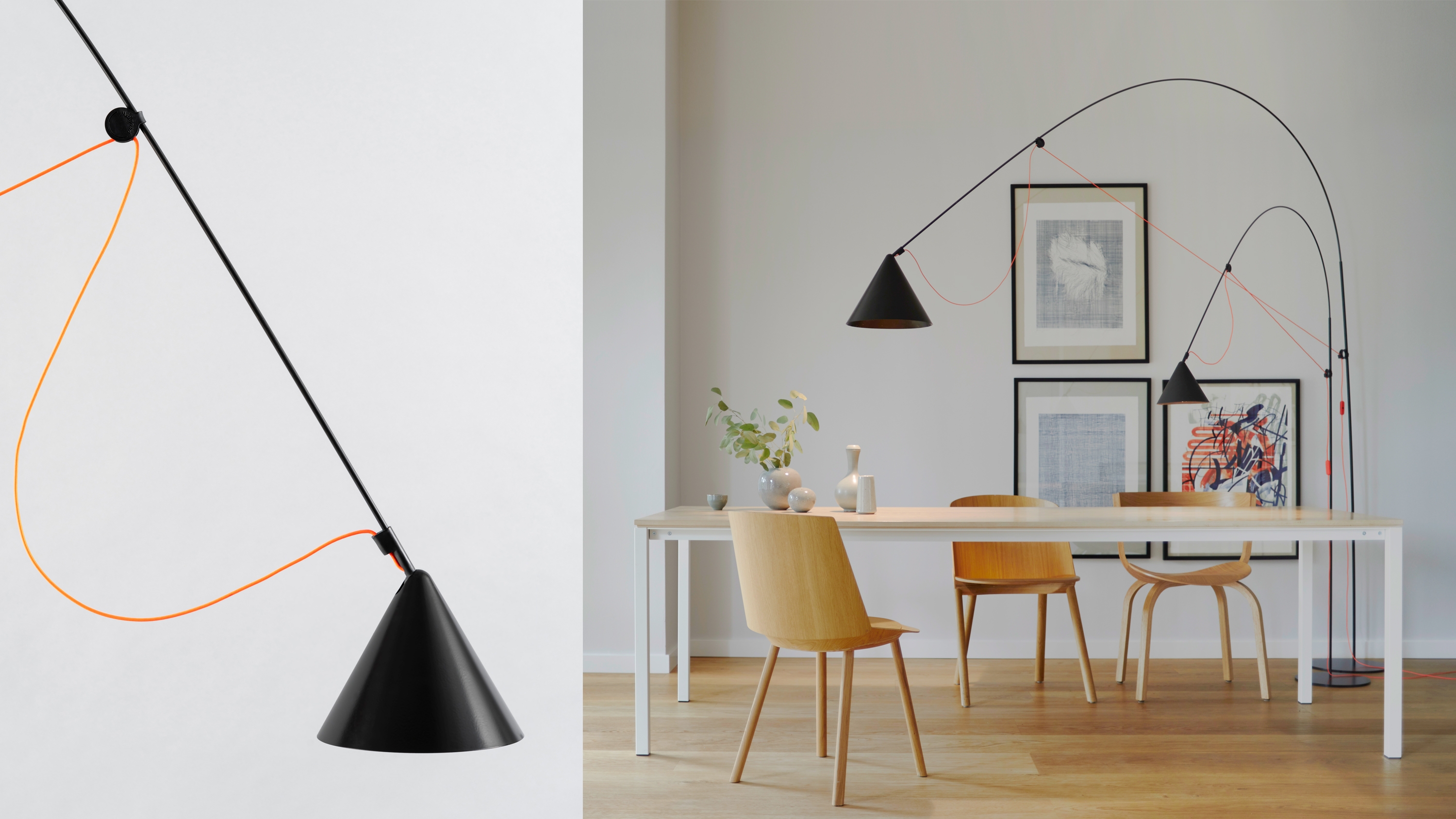 AYNO L + XL. With a maximum radius of up to 3 metres, AYNO floor lamp XL is able to highlight every spot in the room. Photo: Peter Fehrentz