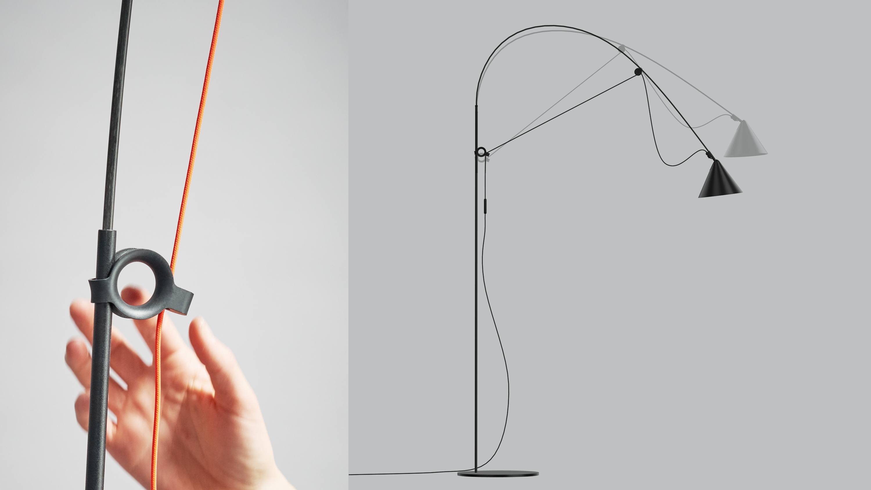 AYNO table S. The AYNO lighting family is available with neon-orange or black textile cable (top). Photo: Peter Fehrentz. Experience AYNOs flexibility on Midgards 3D configurator or AR App. Photo: Jonathan Mauloubier