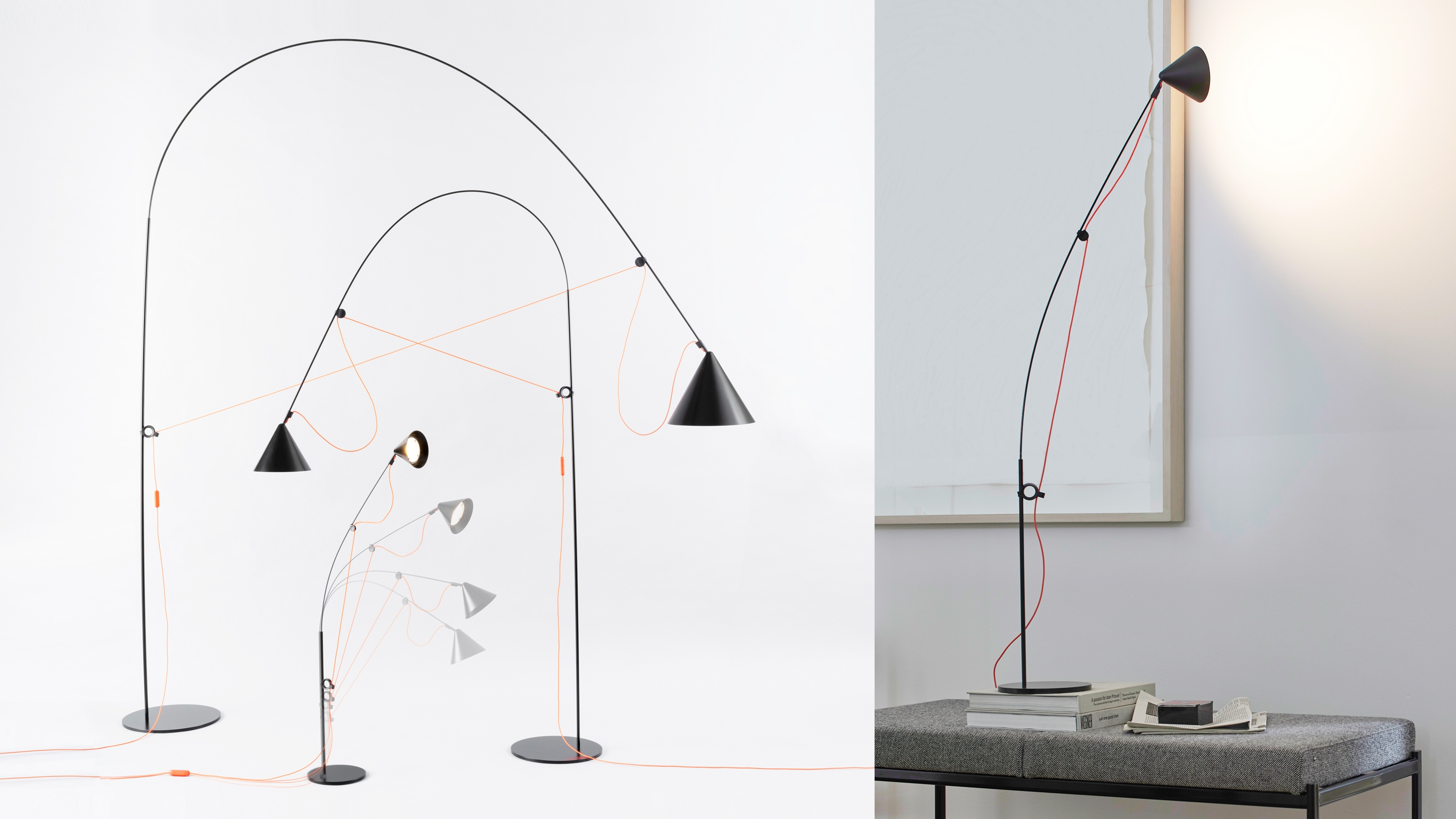 AYNO table S (top). AYNO, the flexible lighting family. Standing upright, all AYNO lamps also function as freely adjustable indirect lighting source. Photos: Peter Fehrentz