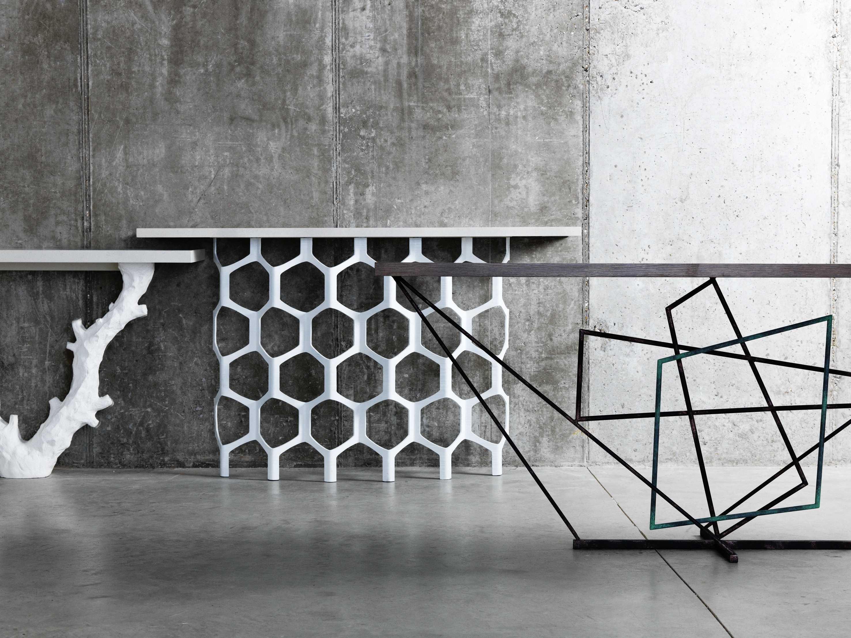 Top: Casaubon (left) and Nina table lamps. Centre: Table lamps, from left to right: Barbara, Maudie, Atticus, Othello and Conrad. Above: Twig, Honeycomb and Rhomboid console tables