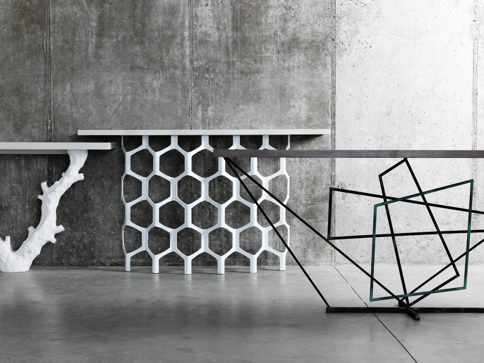 Top: Casaubon (left) and Nina table lamps. Centre: Table lamps, from left to right: Barbara, Maudie, Atticus, Othello and Conrad. Above: Twig, Honeycomb and Rhomboid console tables