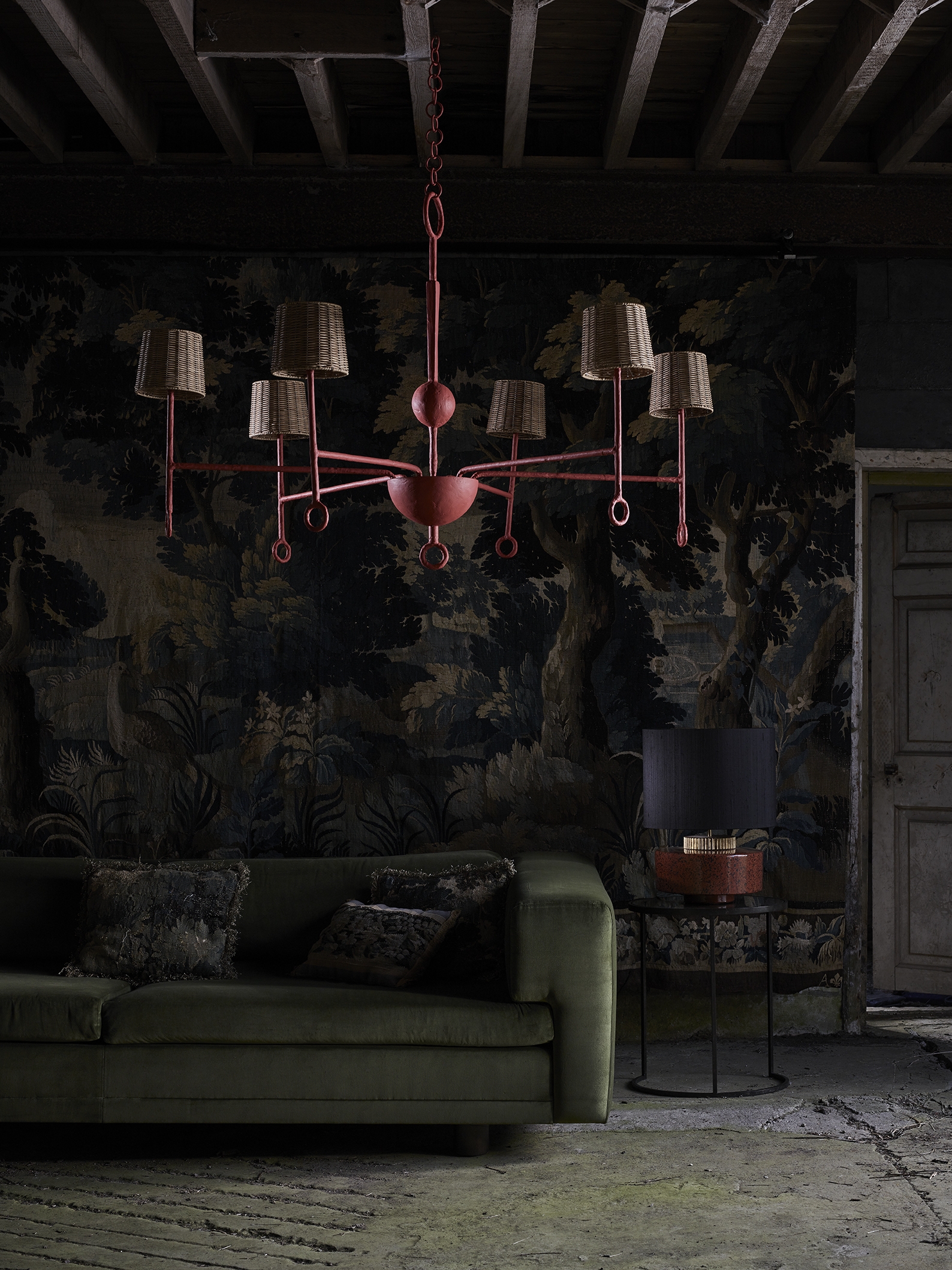 Top: Boudica and Auden table lamps. Above: Crawford chandelier by Gareth Devonald Smith, Clive sofa and, next to it, Marlowe lamp 