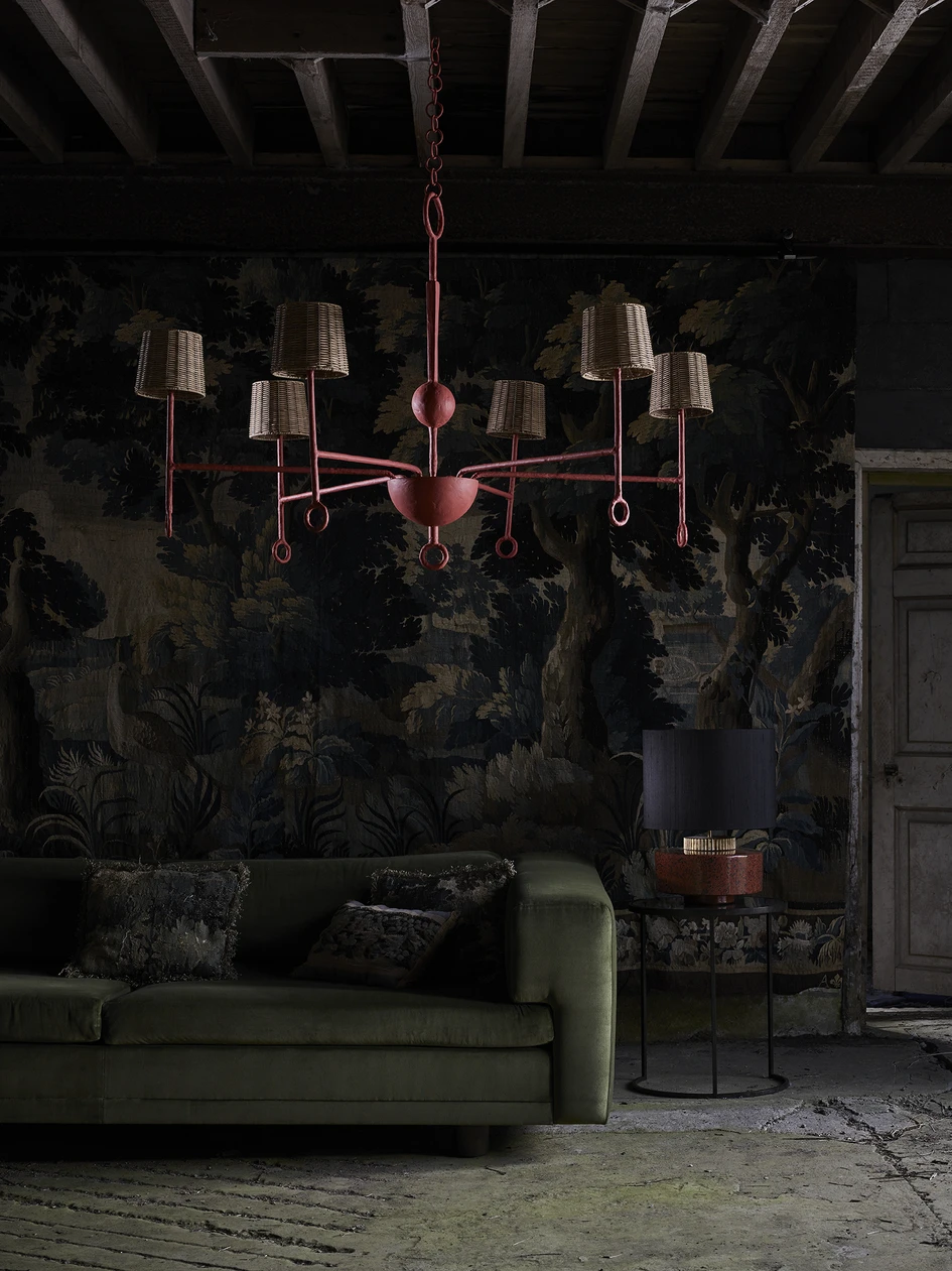 Top: Boudica and Auden table lamps. Above: Crawford chandelier by Gareth Devonald Smith, Clive sofa and, next to it, Marlowe lamp