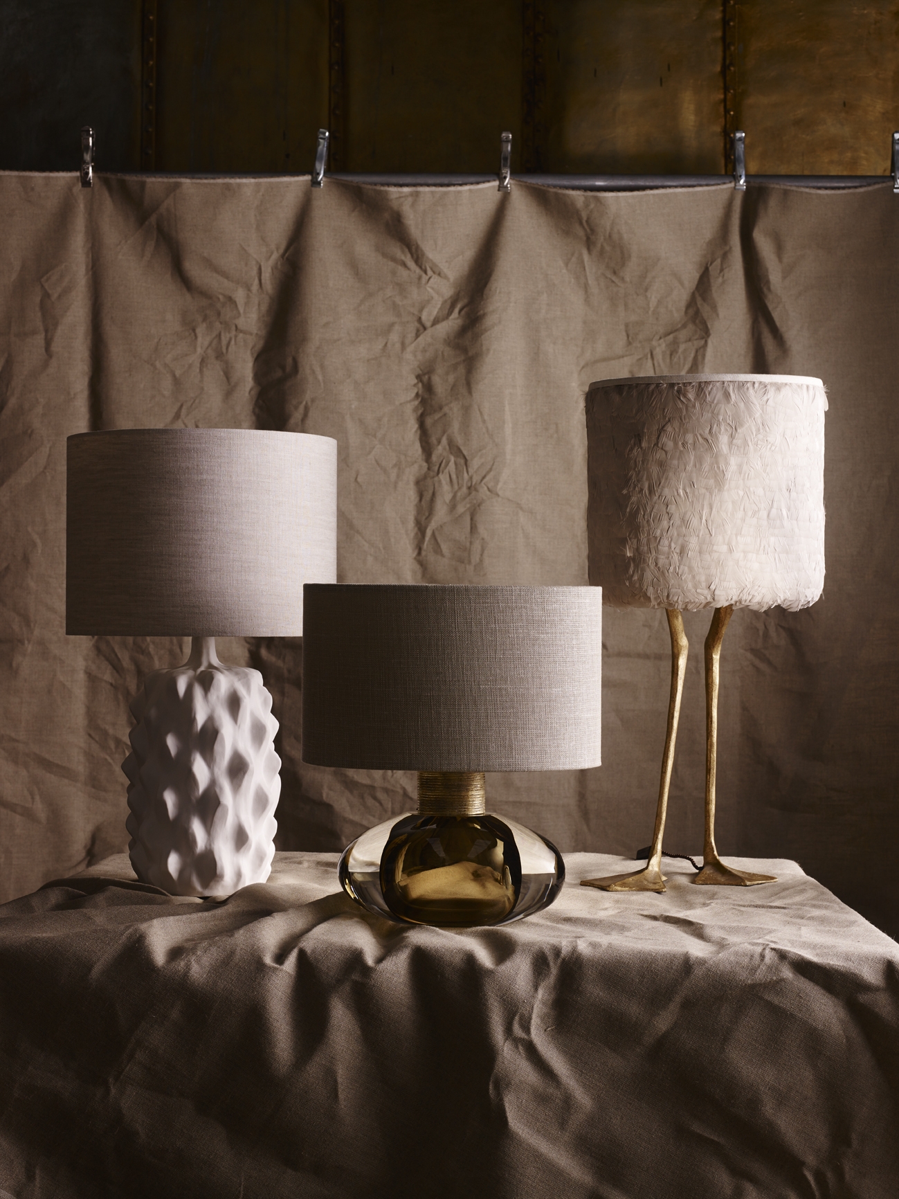 Top: Table lamps, from left to right: Cologne, Baobab, Small Cirque, Sculpted Manhattan, Miro, Duck Feet and Crystal Strata. Above: Baobab, Cologne and Duck Feet table lamps 