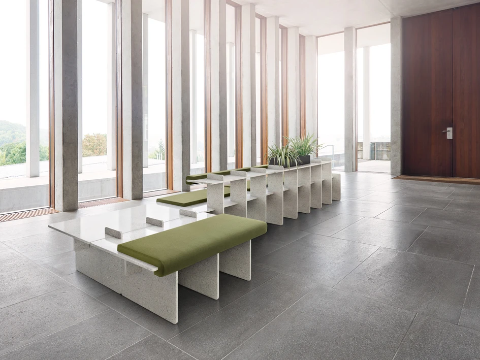 With this modular furniture system, the tops can be printed with a pattern and the entire system can be electrified. This enables it to be adapted to the surrounding architecture