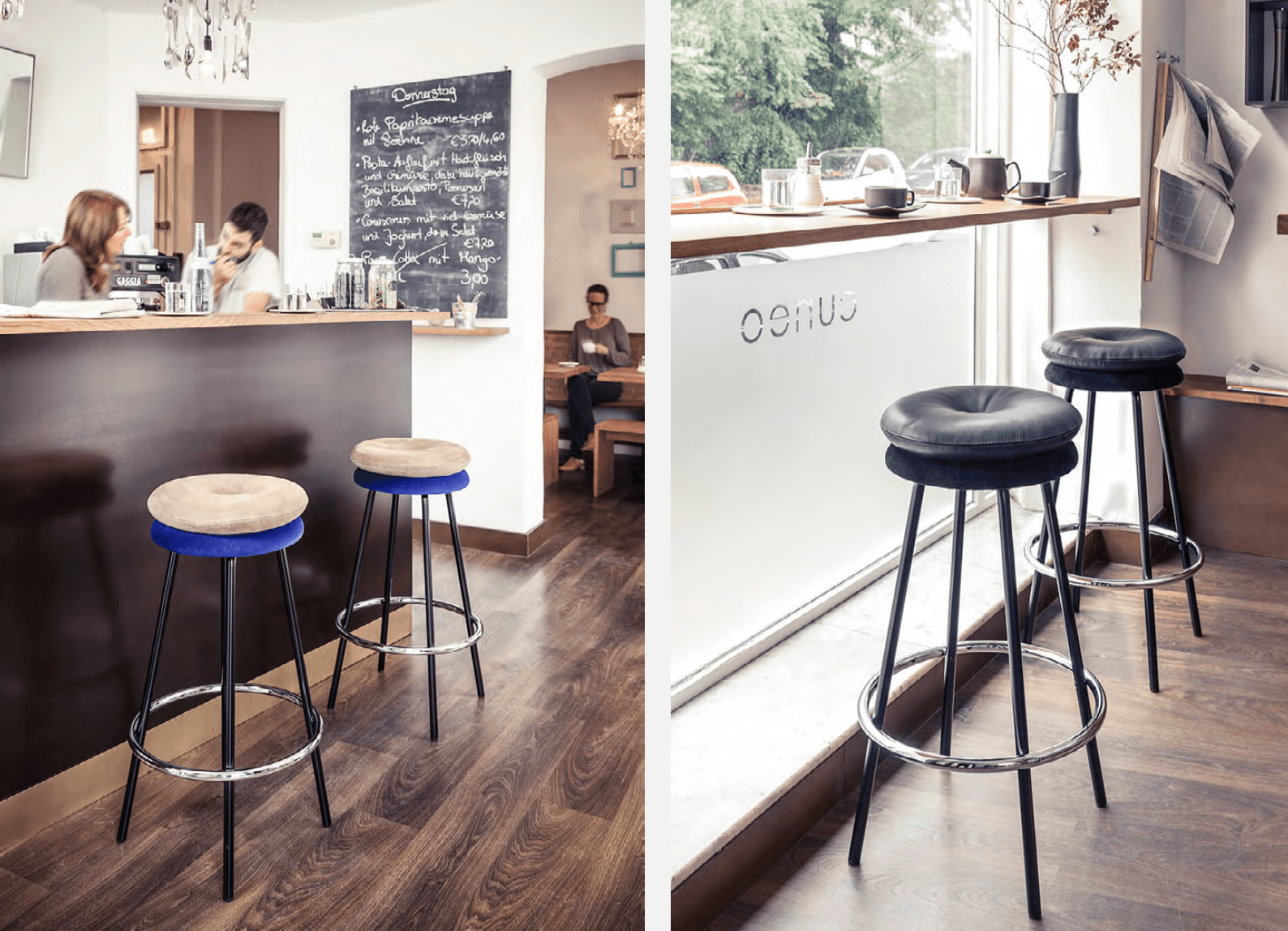 Two individually combinable cushions, one above the other, make Big Tom a comfortable and individual bar stool for private and contract furnishing use. Photo: Peter Schumacher