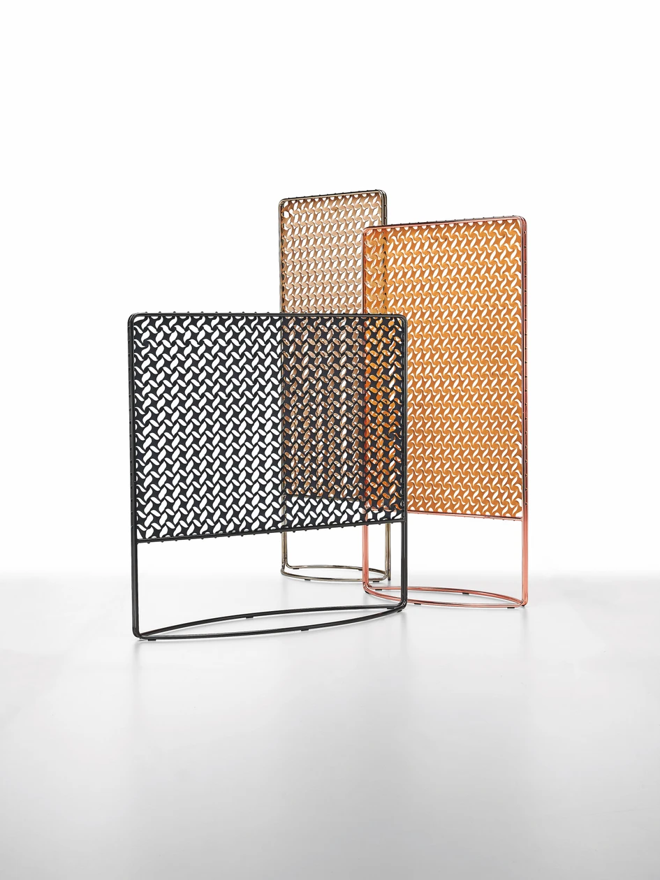 The perfectly imperfect Spot mirrors, Top, feature a mid-century bevelled edge, while the Sunrise dividers, bottom, bring a warm dawn light to segregated spaces. Both are recent additions to Midj’s new accessories range