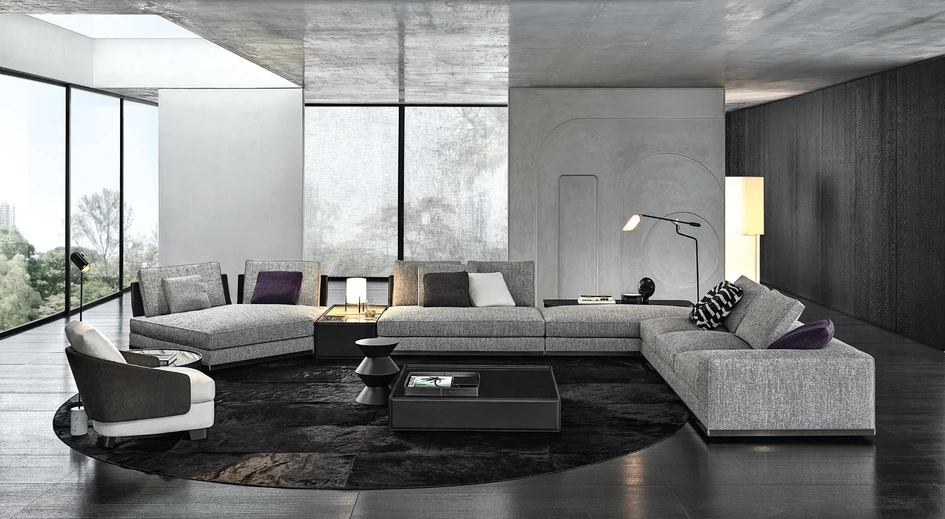 West is suitable for a variety of activities and epitomises the versatility of Minotti’s modular seating systems. The system, designed by Rodolfo Dordoni, alternates saddle-hide backrests with padded backrest cushions and armrests