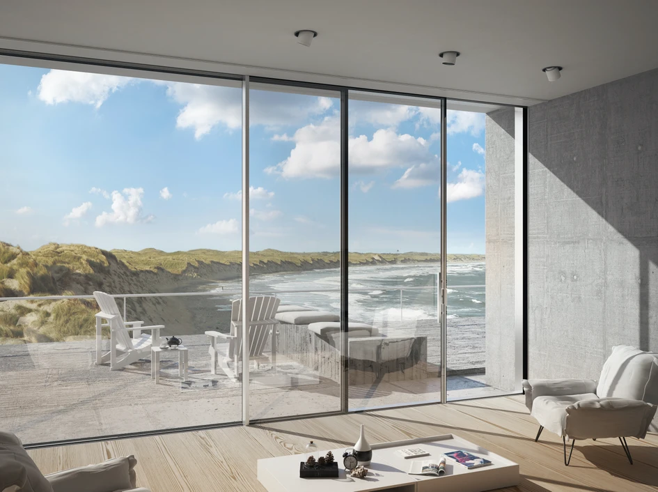 Room with a view: Als Schiebesystem hebt das Panorama Design von Schüco den Übergang zwischen Innen und Aussen durch die Einbautiefe und minimale Ansichtsbreite auf, geöffnet verschwinden die Schiebeelemente vollkommen aus dem Blickfeld