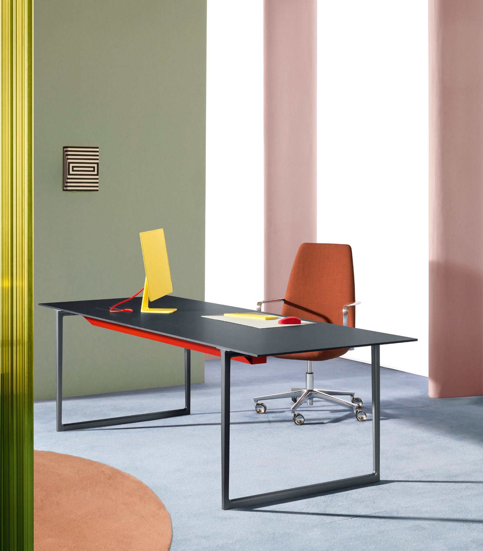Robin Rizzini's rational yet friendly Toa table now comes in new sizes, making it eminently specifiable for a diversity of settings, while the new Toa desktop folding screen provides additional social-distancing security 