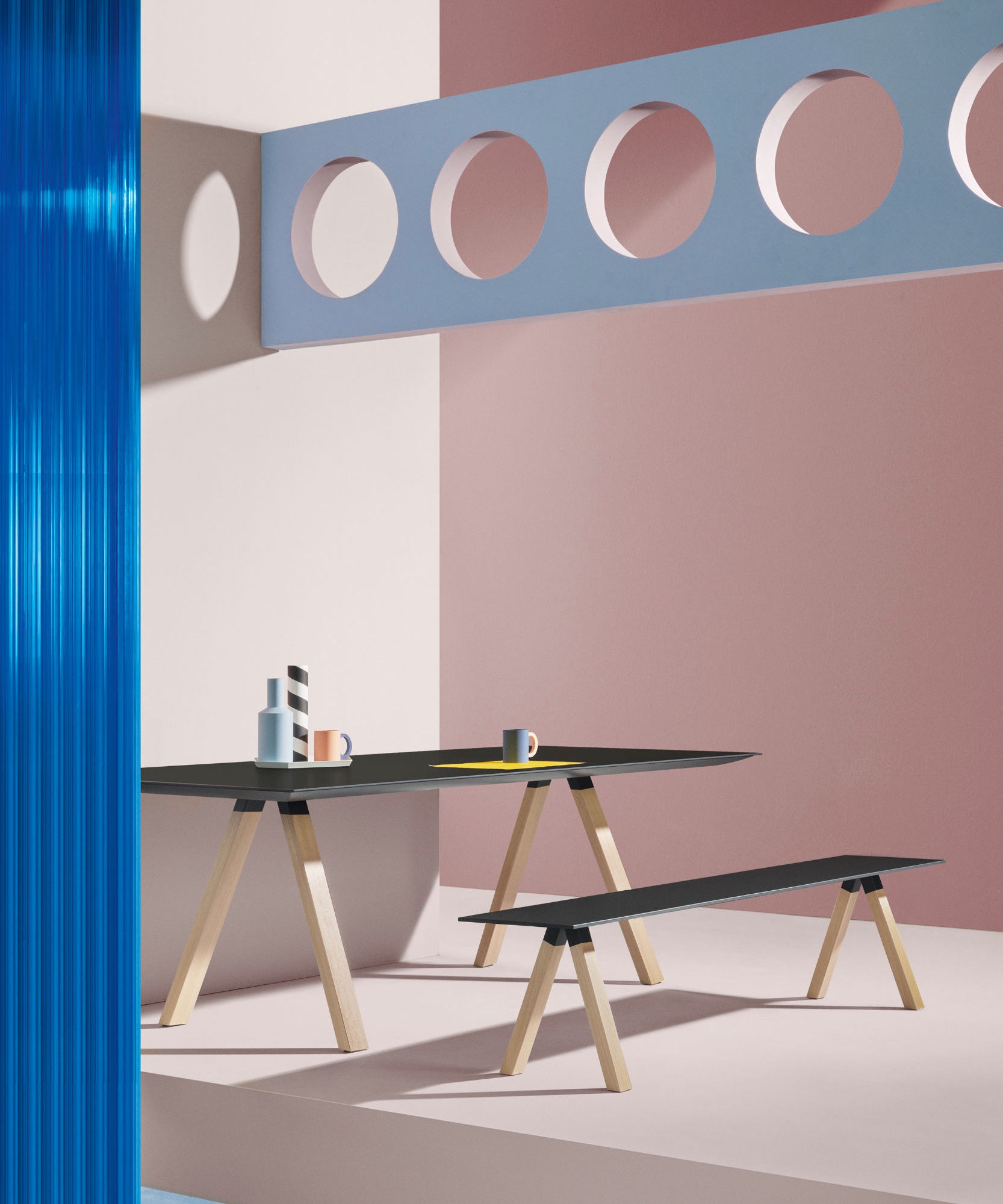 Pedrali's distinctive, trestle-legged Arki family has been expanded with a new desk version and a bench, making for more flexibility and collaboration potential 