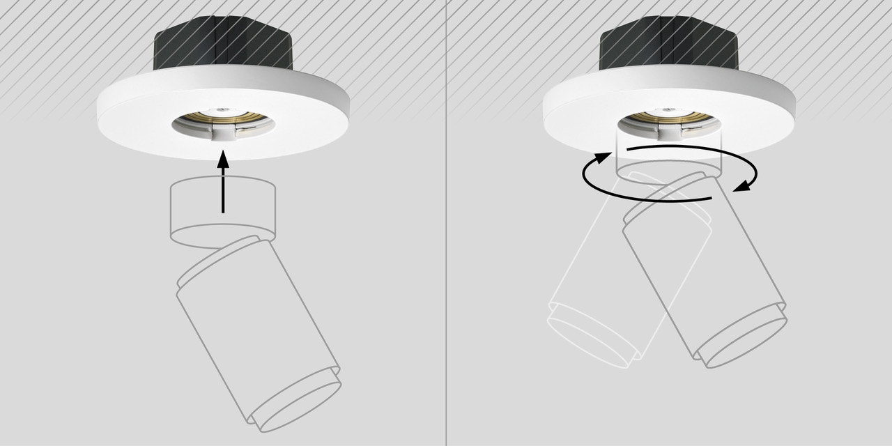 Plug & Light in brief: the 12 Volt LED luminaire is simply plugged in, held in the light socket by magnetic force and can be rotated in it. The dimmable power-unit disappears into standard appliance sockets in the wall or ceiling