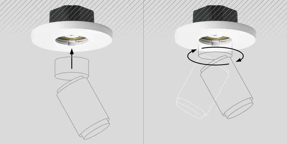 Plug & Light in brief: the 12 Volt LED luminaire is simply plugged in, held in the light socket by magnetic force and can be rotated in it. The dimmable power-unit disappears into standard appliance sockets in the wall or ceiling
