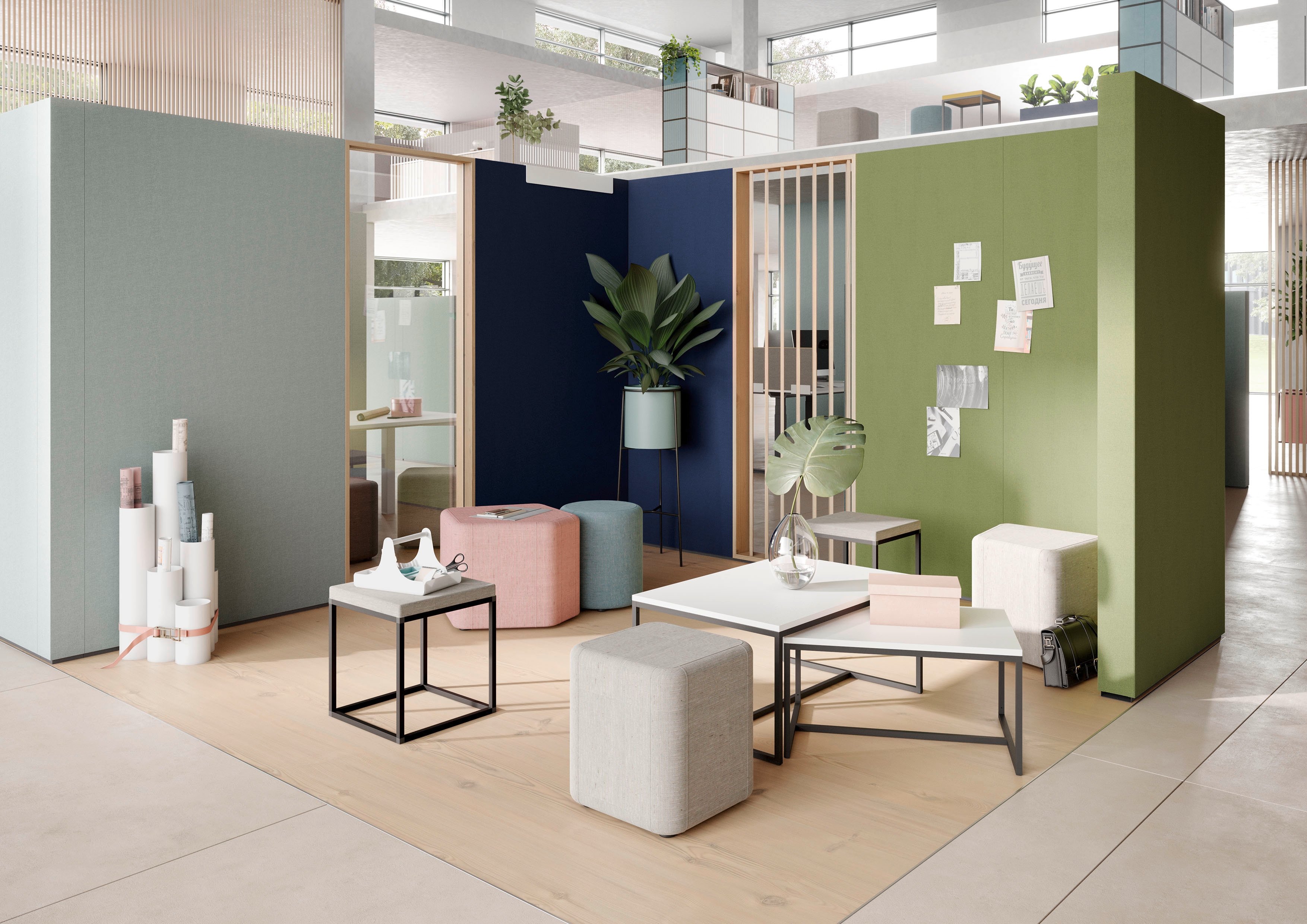 Focused desk-work is only one part of the modern office routine. For meetings, brainstorming sessions, video conferences, rest areas and breaks, employees also need spaces which can effortlessly be created with CLAMP