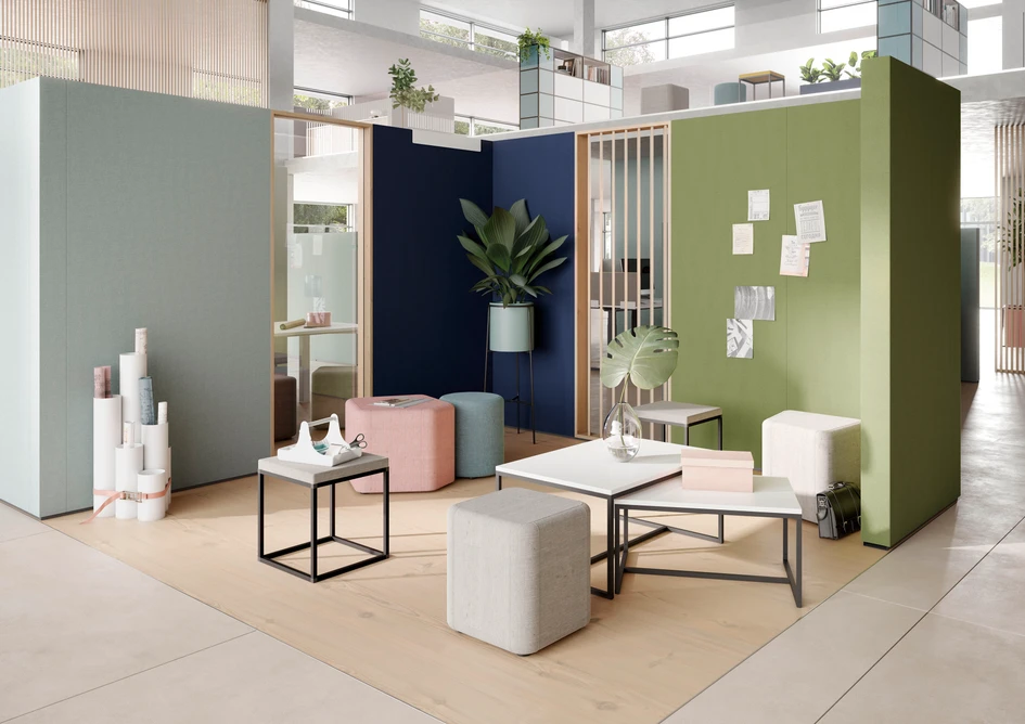 Focused desk-work is only one part of the modern office routine. For meetings, brainstorming sessions, video conferences, rest areas and breaks, employees also need spaces which can effortlessly be created with CLAMP