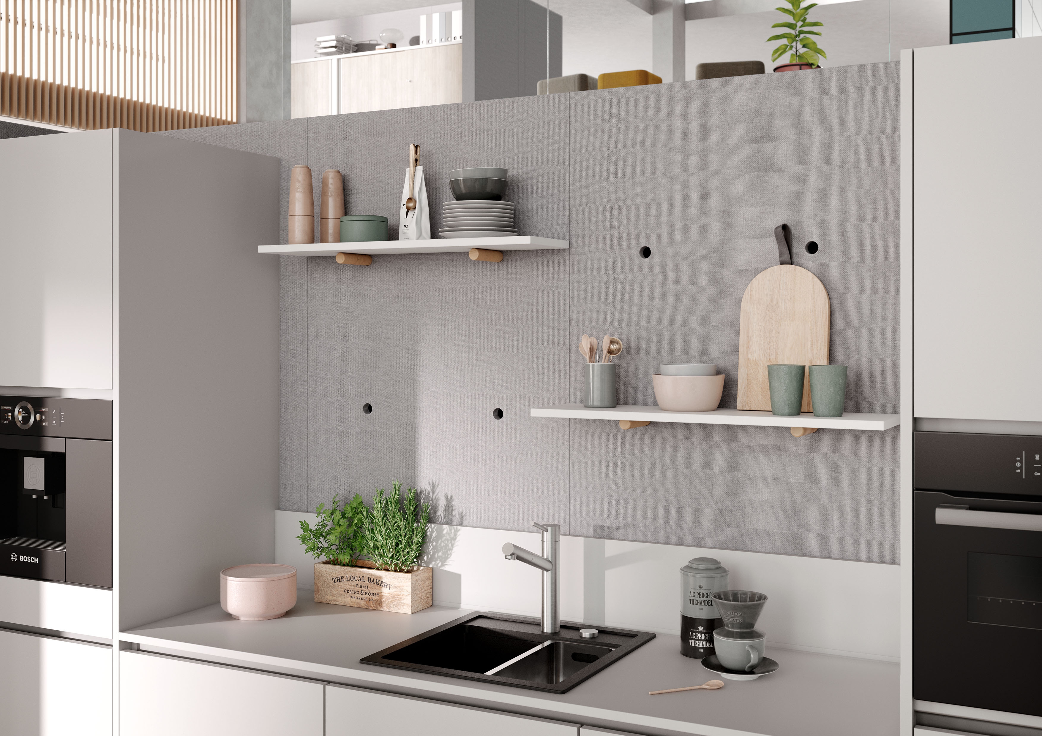‘Stick and Load’: With solid wooden bars and panels, shelves can be easily assembled that are not only practical, but decorative too – and not just for the office kitchen