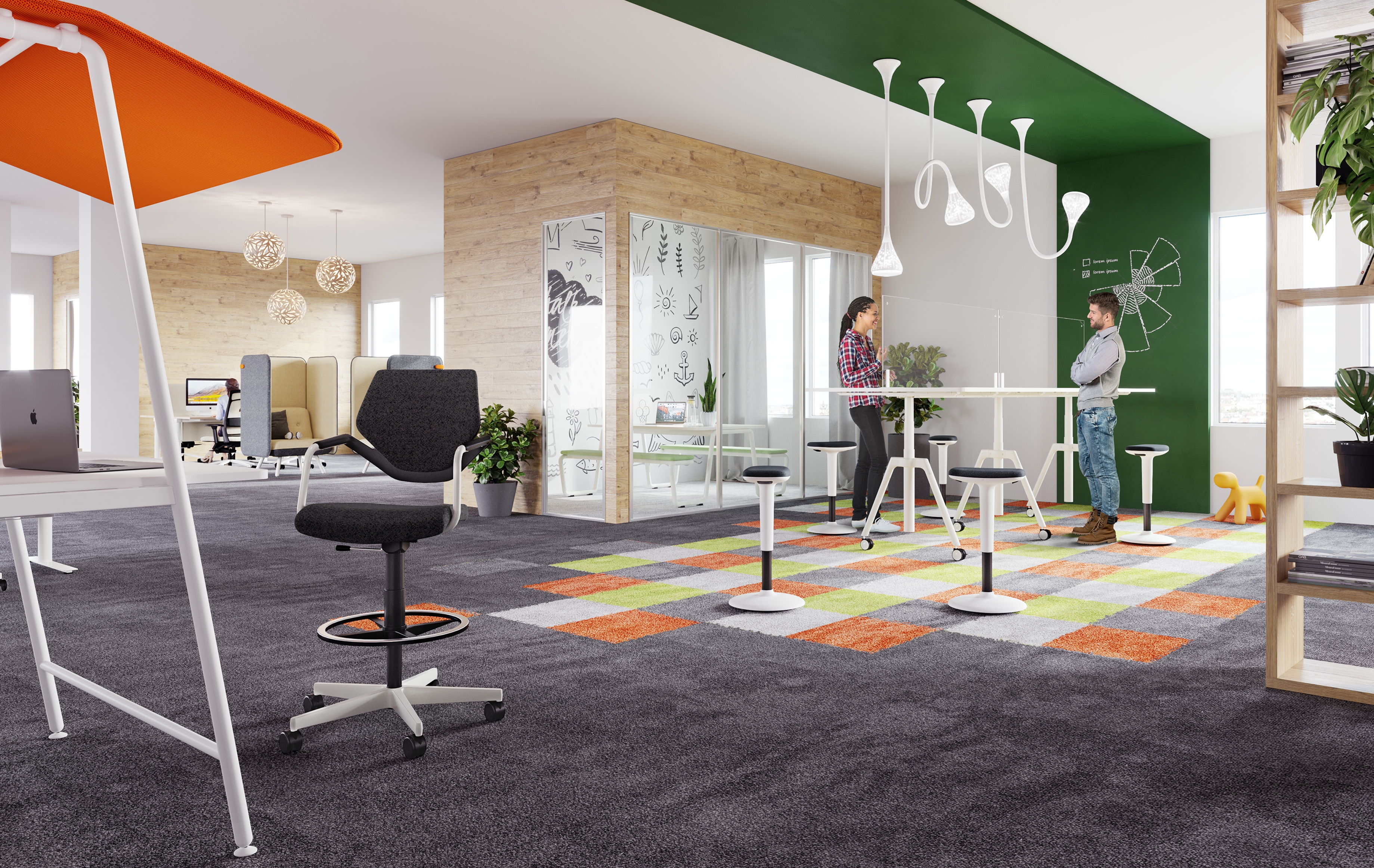 Different tasks require different furniture. König + Neurath creates flexible solutions with  Talo.You as a nesting table featuring transparent panels, with standing aids such as Quick.III, with individual workstations, and K+N NOOK as a counter chair