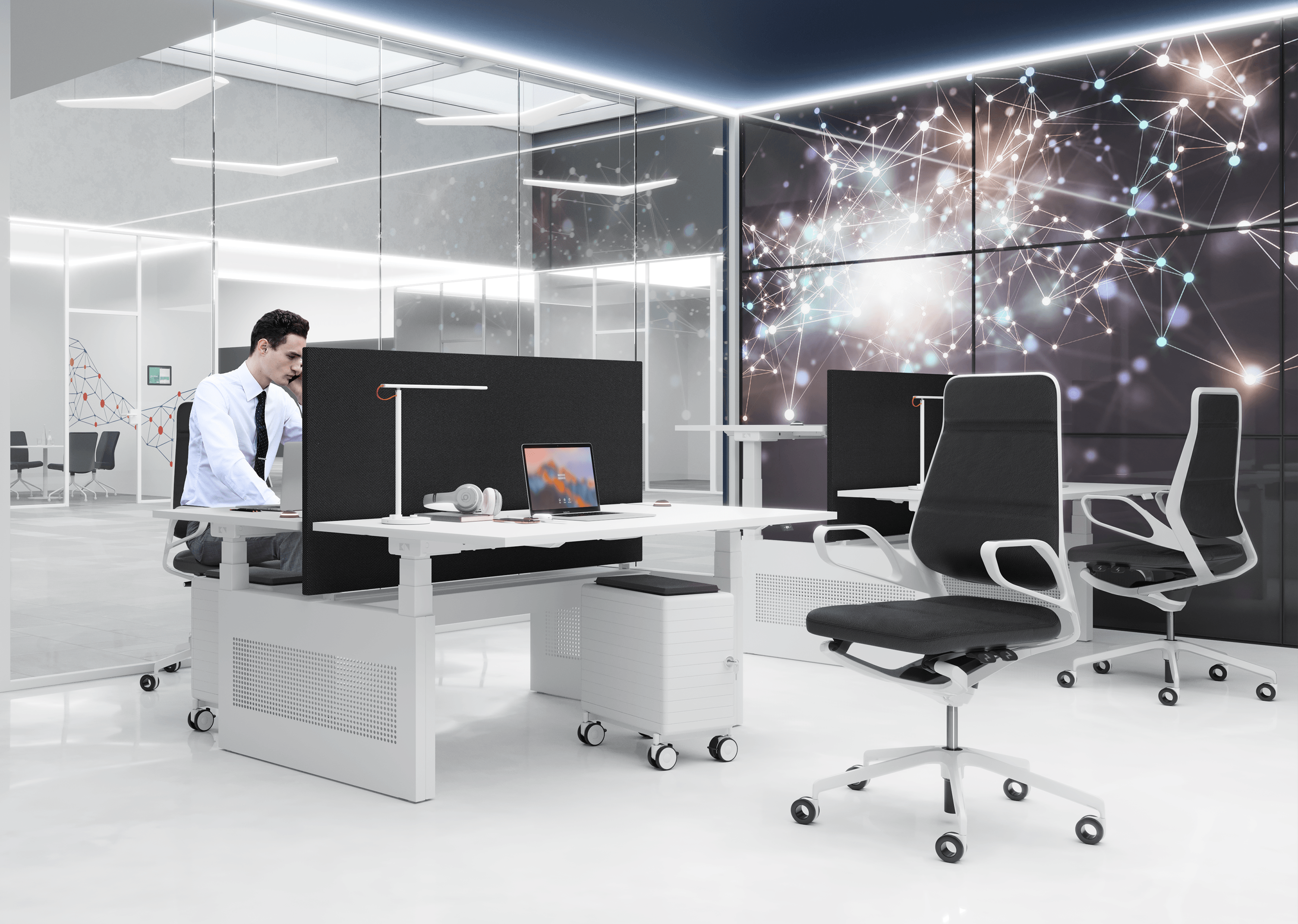 Set up as a bench workstation, Talo.You’s protective panel is fixed in the middle, so that one person can temporarily work in a standing position while the other remains seated. Fewer compromises, more teamwork 