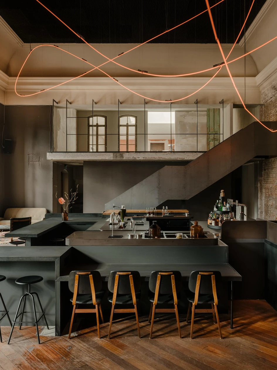 Designed by Oliver Mansaray and Daniel Scheppan, KINK Bar & Restaurant in Berlin is spread across three interconnected spaces in a former brewery. Photo: Robert Rieger