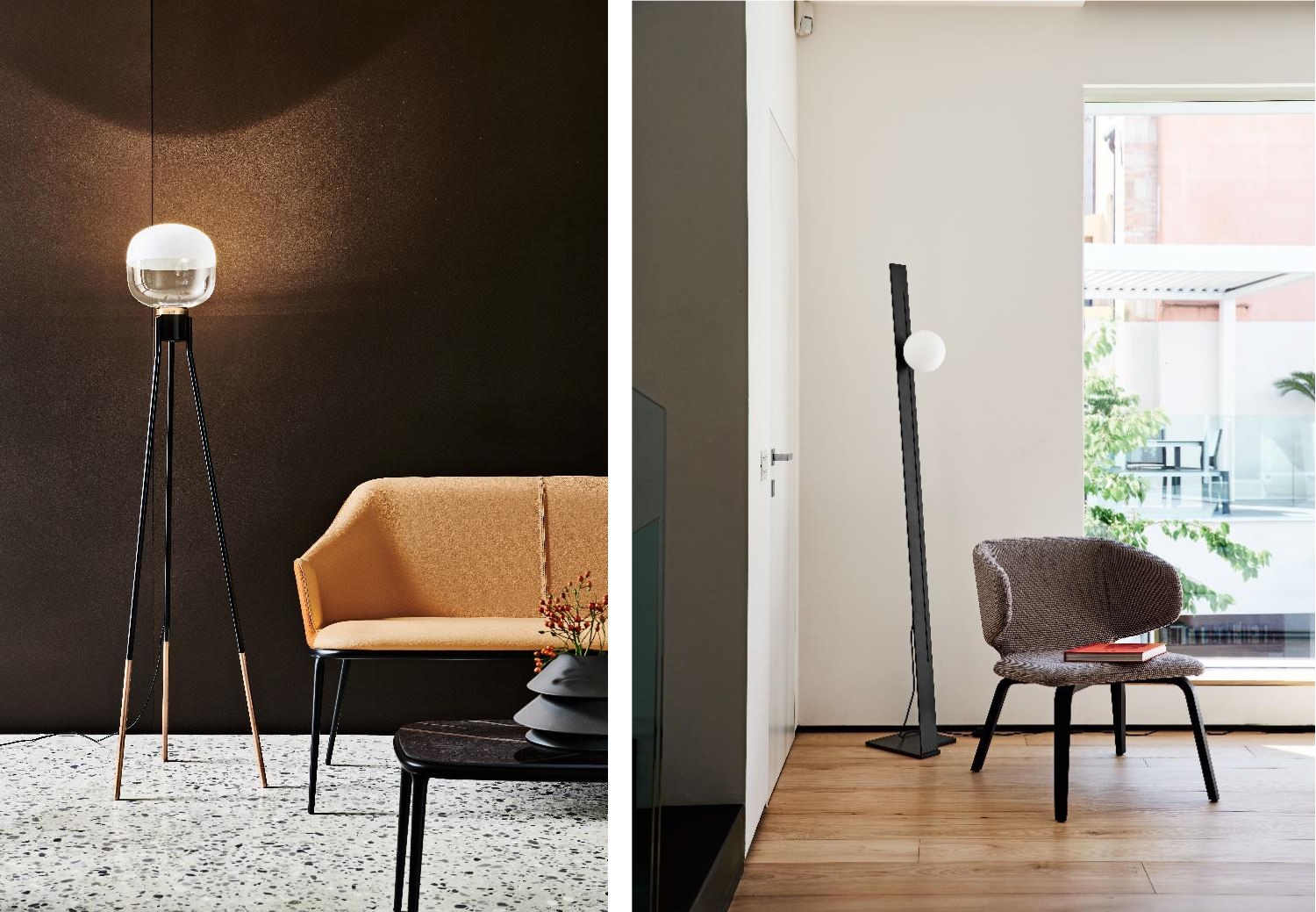 From left: Ghost floor lamp and Lea sofa. Suspense floor lamp and Wrap armchair