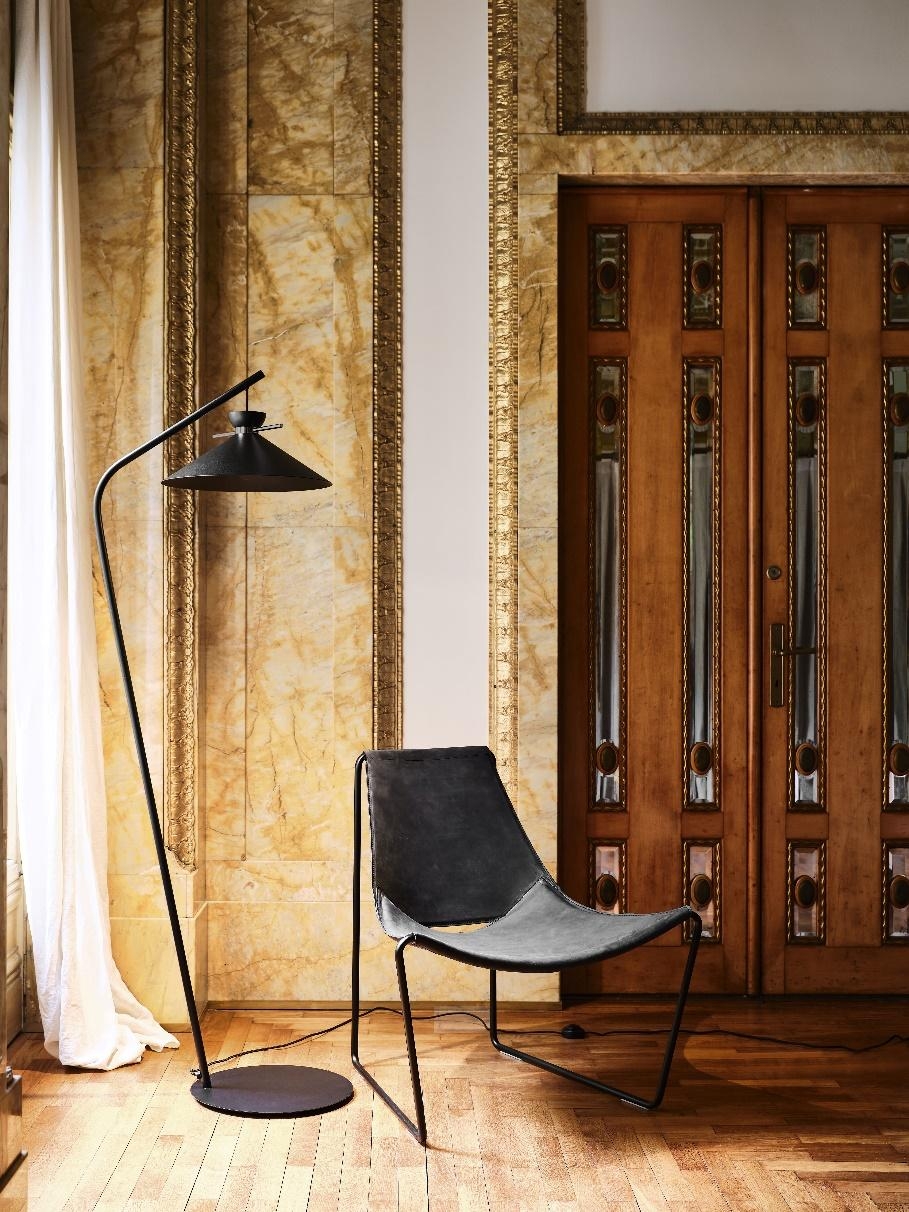 Japan suspension lamp. Table, chairs and sideboard of Lea collection (top). Japan floor lamp, Apelle chair (above)