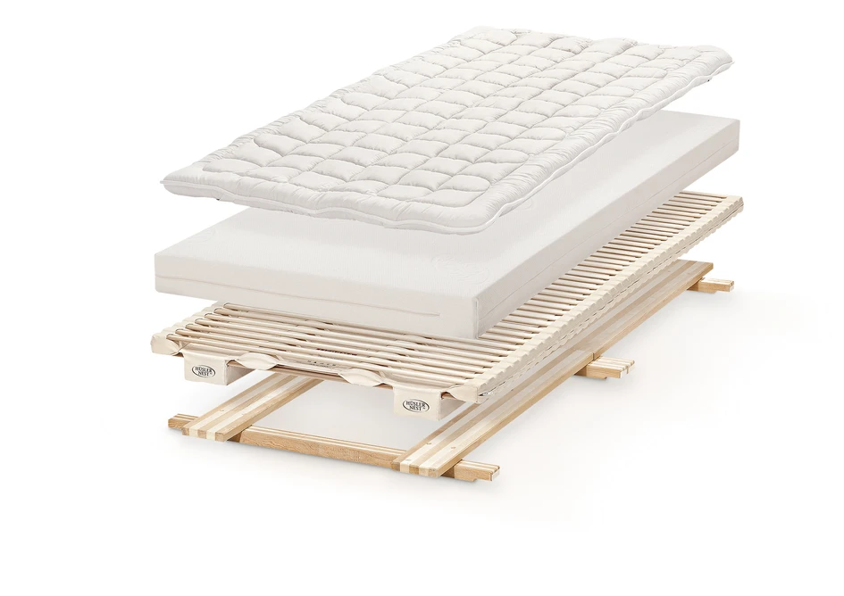 Hüsler Nest 'Original': The natural sleeping system consists of a frame insert, Liforma spring unit, natural latex mattress and overlay