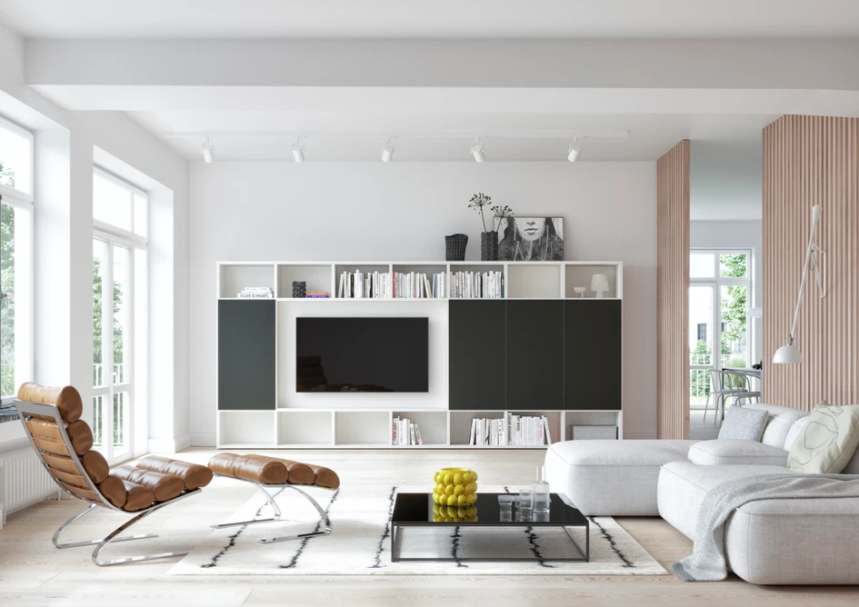 Pictured top, a VITA shelving unit and ALEA sideboard; in the centre, an ALEA wall unit combination and above, a wall unit from the VITA line. Thanks to ALEA's 8 width-, 12 height- and 4 depth options, design combinations are practically endless