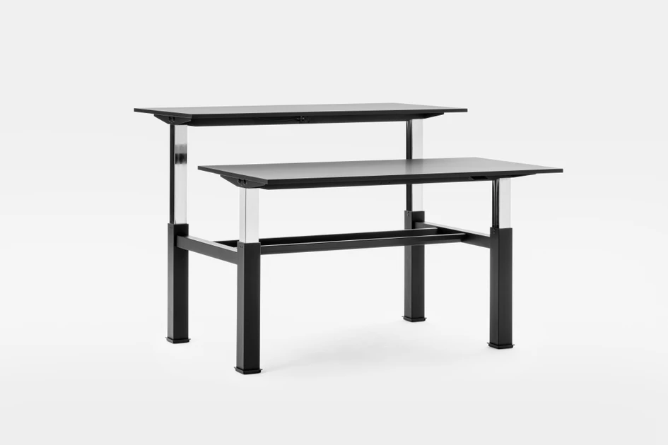 The Follow family of furniture comprises a single desk, a double desk, a tilting desk on castors and round meeting table, all featuring Mara’s ground-breaking patented height-adjustment system