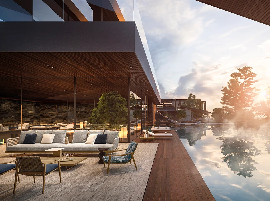 Experience the synergy of 2020 Outdoor Collection combinations: Fynn Outdoor seats by GamFratesi meet modules of the Sunray system