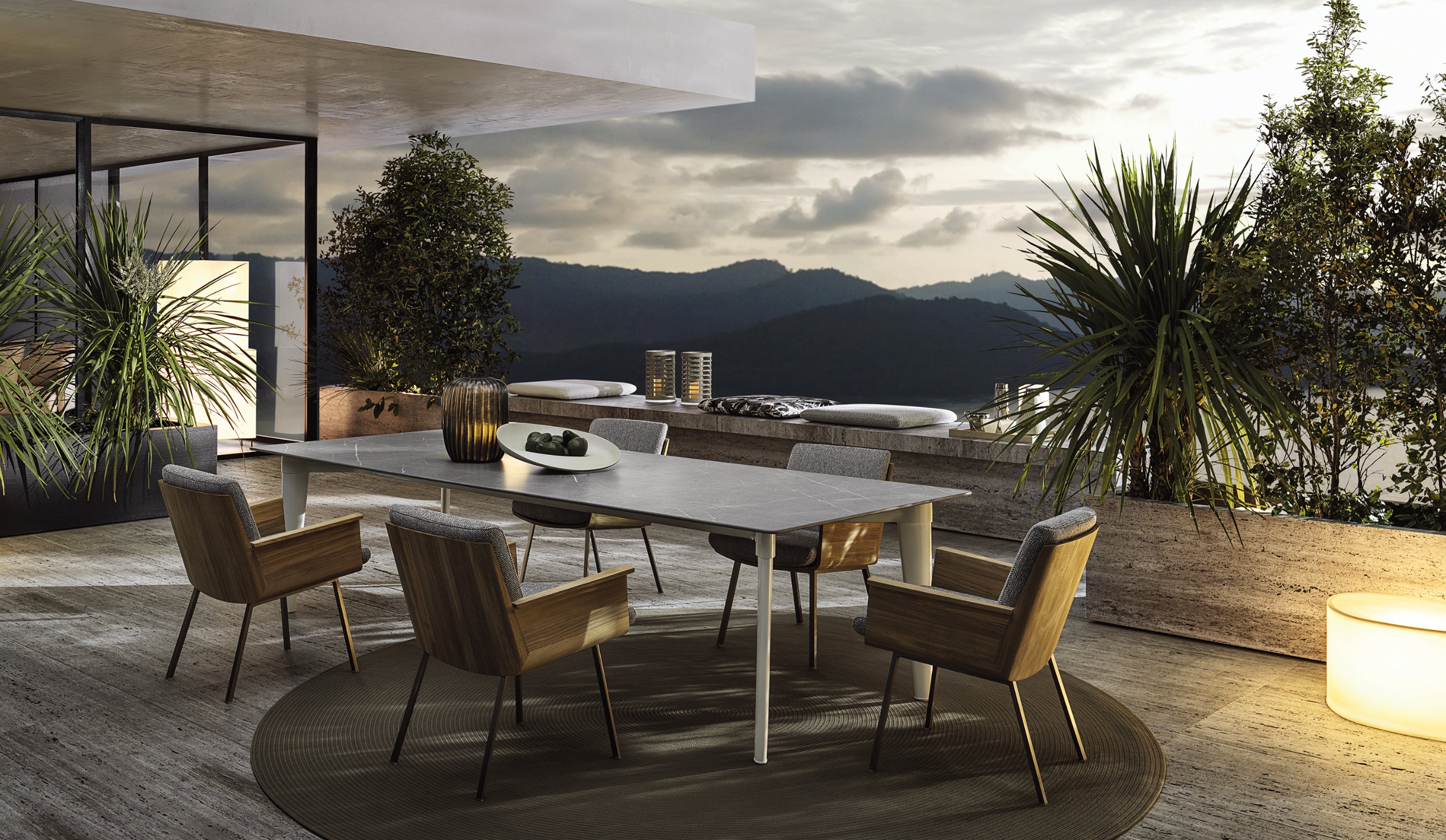 Pictured here with the Daiki dining ‘little’ armchairs, the Terrace dining table is strongly architectural and available in three sizes
