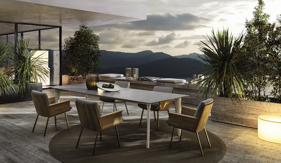 Pictured here with the Daiki dining ‘little’ armchairs, the Terrace dining table is strongly architectural and available in three sizes