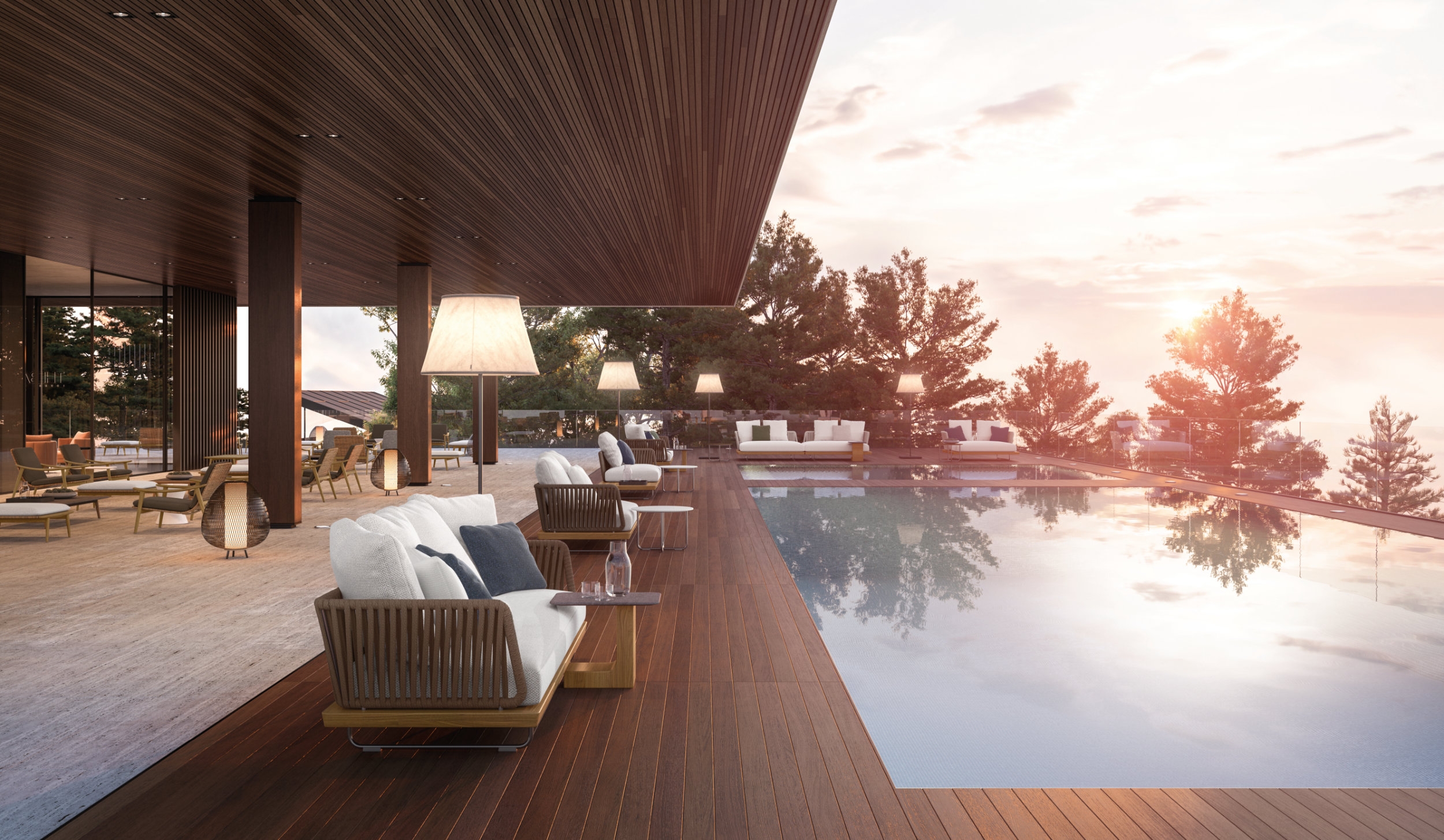 On the outdoor terrace of the The Club’s lounge bar, the versatile Sunray system by Rodolfo Dordoni can be found in a colour scheme of neutral White and Grey shades with flecks of Mint Green and Blue