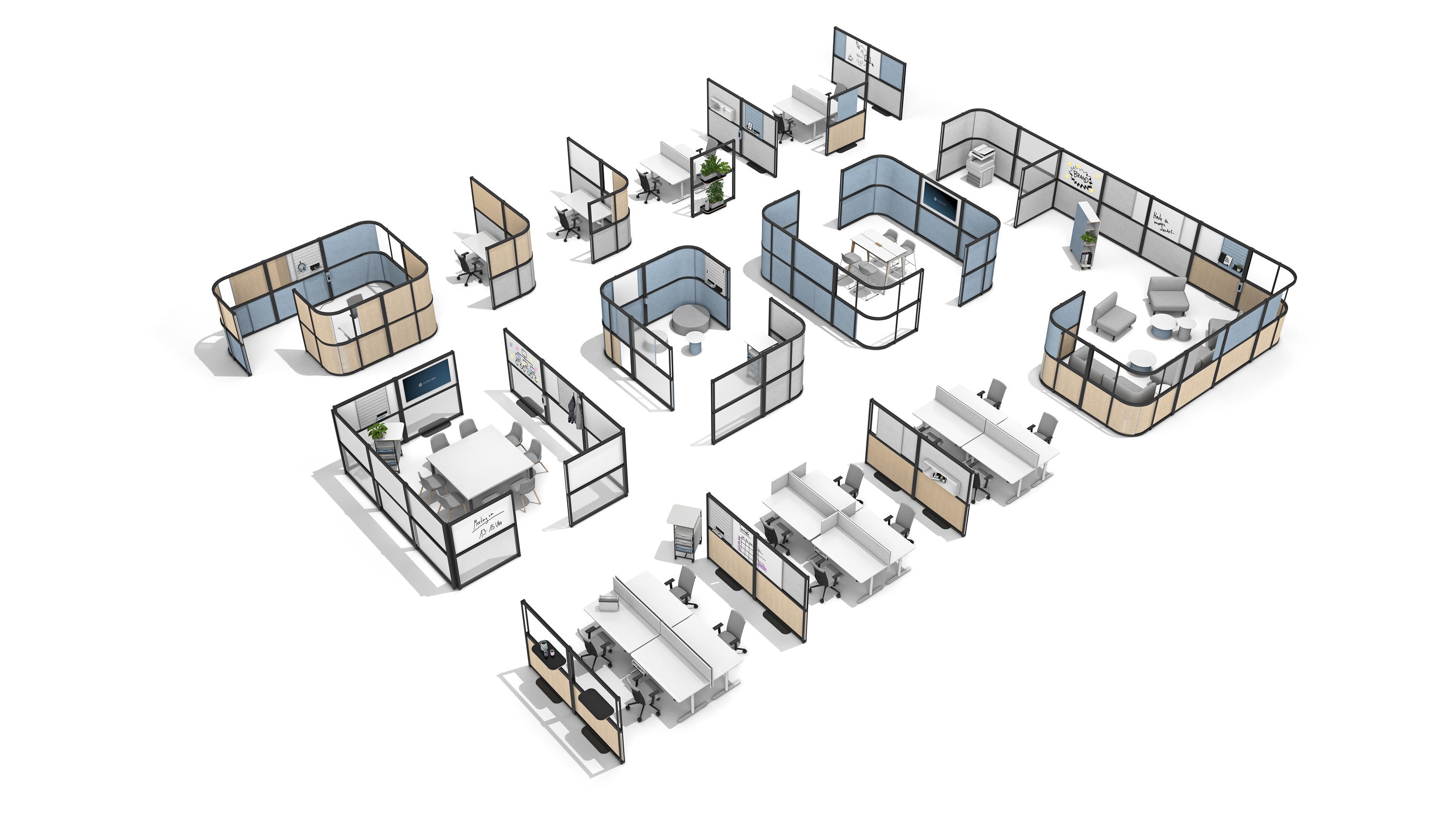 There are no limits to its areas of application. Open Wall can be arranged into individual and group workstations, meeting areas, lounges, copier corners, reception rooms and much more
