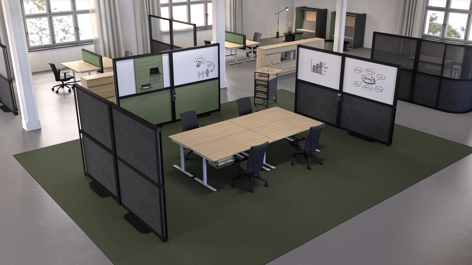 Open Wall is a room divider, privacy screen, acoustic and writing wall all in one: the individual modules are fitted with interchangeable inlays such as fleece, milled wood, whiteboards or transparent multi-skin sheets