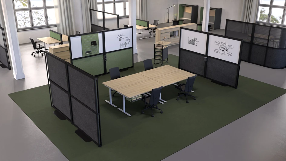 Open Wall is a room divider, privacy screen, acoustic and writing wall all in one: the individual modules are fitted with interchangeable inlays such as fleece, milled wood, whiteboards or transparent multi-skin sheets
