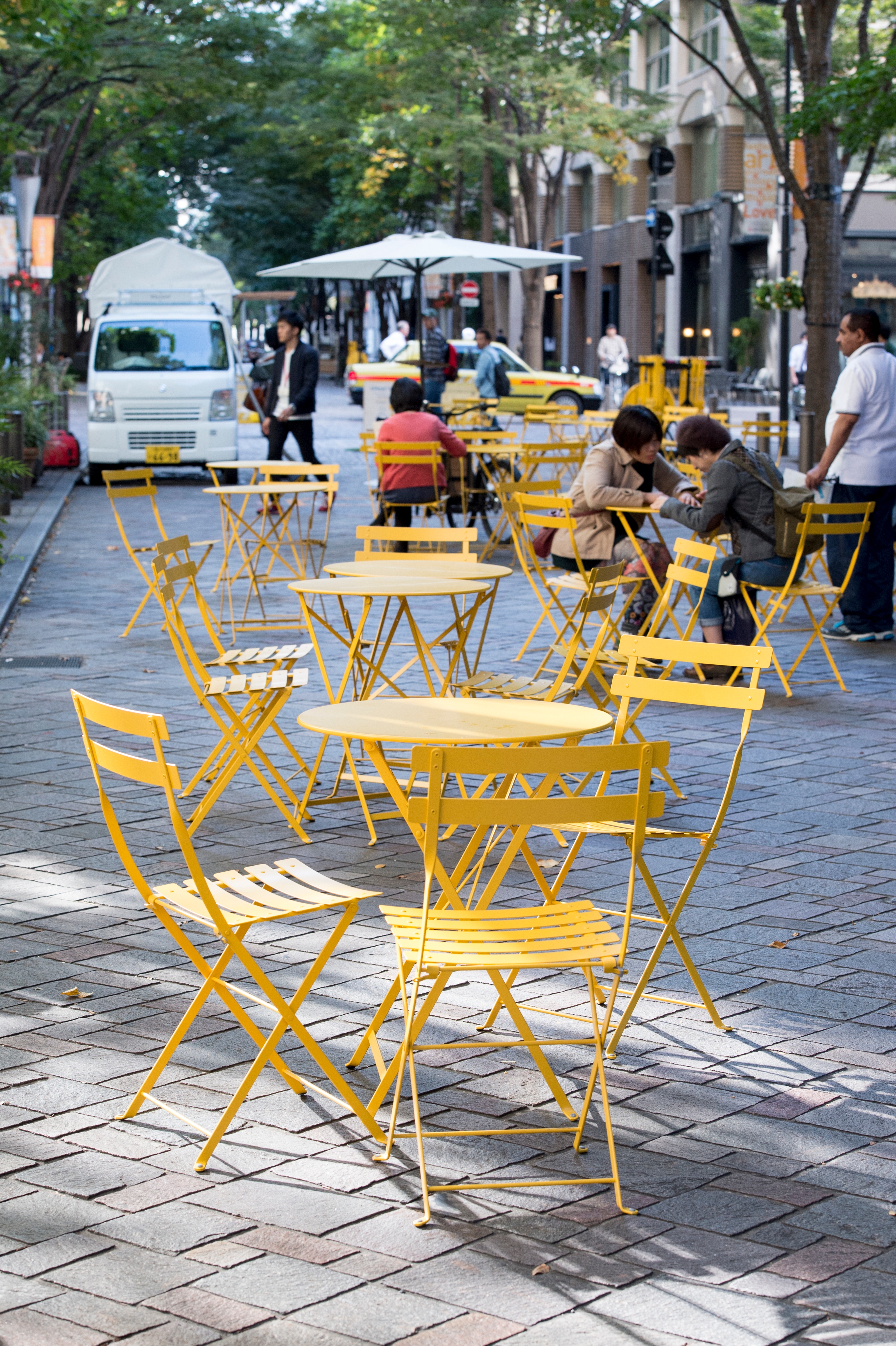 The Luxembourg chair (top) and the Bistro tables and chairs (middle and bottom) are featured in convivial public spaces across the world