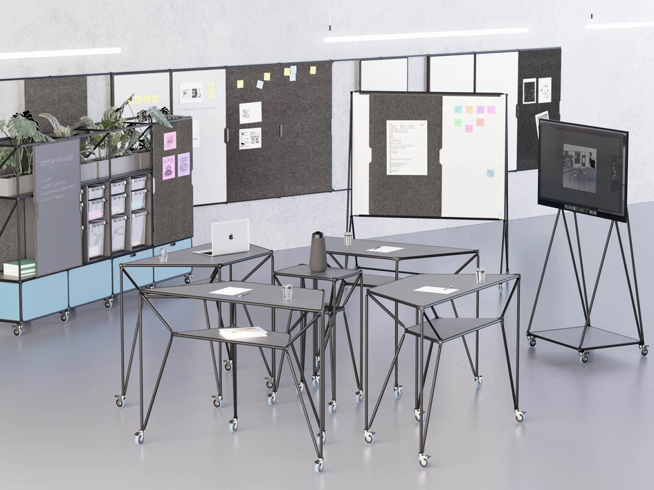 The flexible elements create functional spaces that connect analogue and virtual participants so they can work together as a team on an equal footing