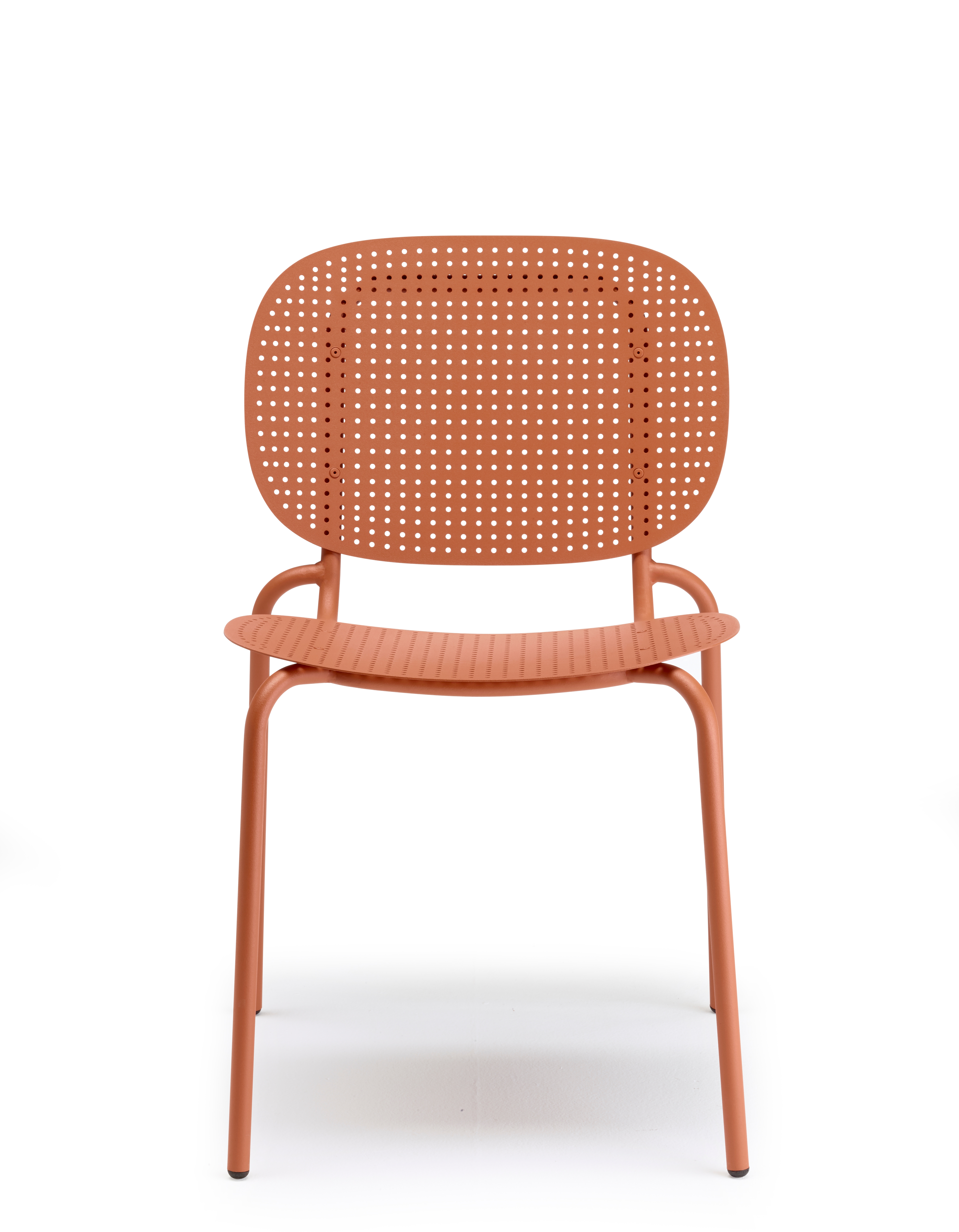 By perforating the steel body with linear or dotted patterns and coating them in a palette of refreshing colours, the clever design thinking transforms a single chair into a variety of choice