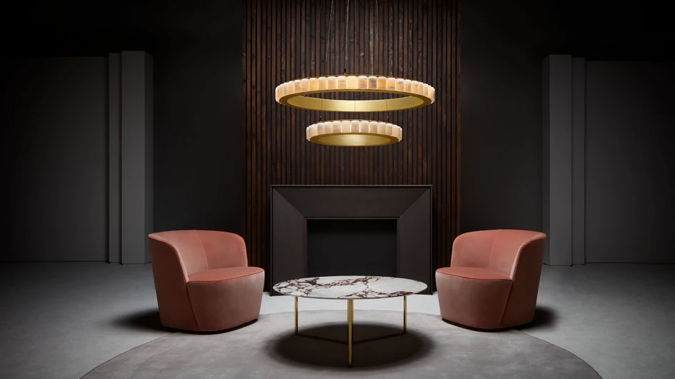 The Avalon collection features two different sizes, which are striking both alone or assembled as a group. A  third model, Halo, suspends the two different sizes in a tiered arrangement