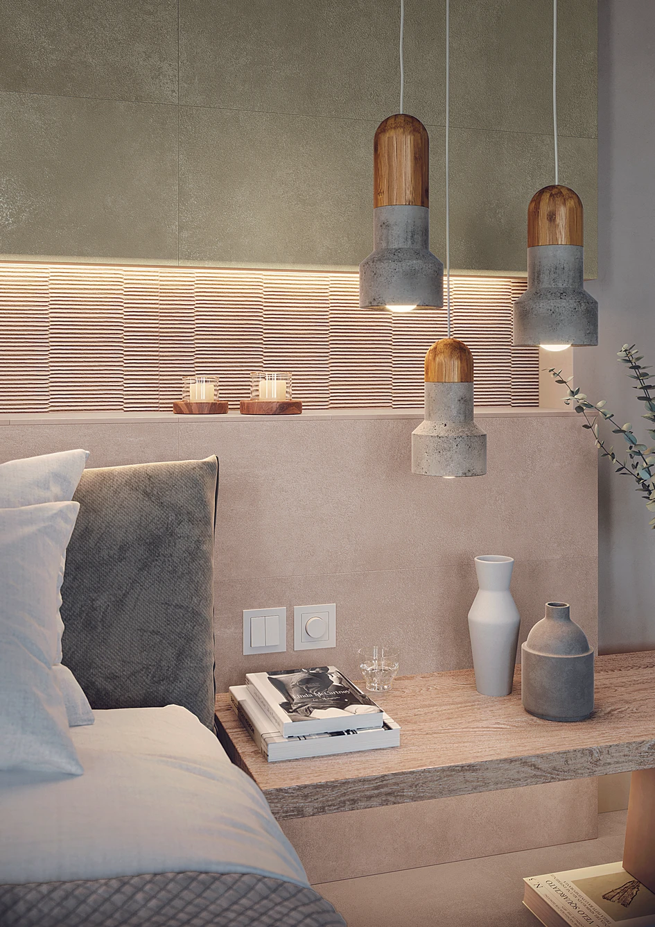 Die Wandfliese Oliva und das sandfarbene 3D-Dekor Slot bringen Harmonie in das Schlafzimmer. Natürlich ergänzend, der Boden mit den 120x120 Sabbia-Fliesen