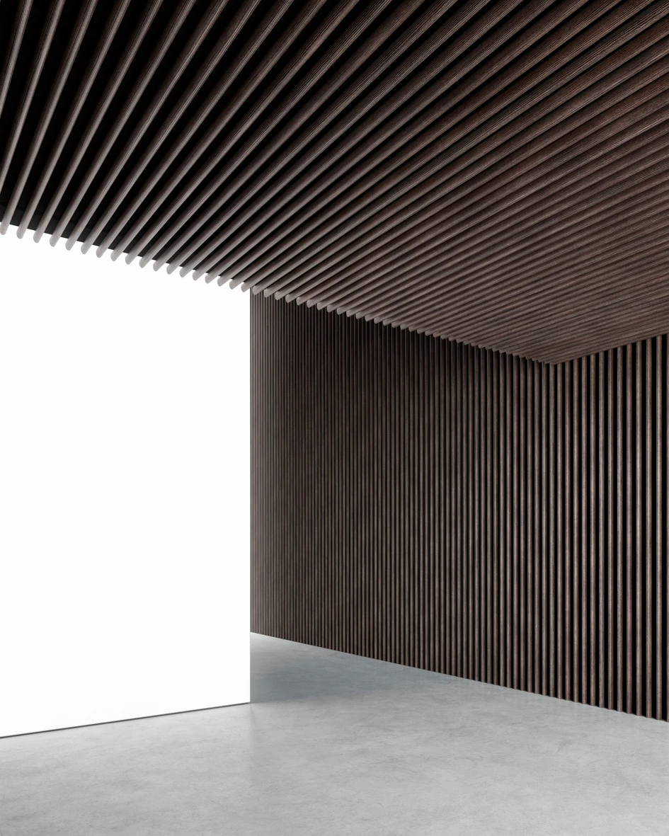 Top: The system’s slats in powder-coated white create graphic stripes when spaced apart. Above: DresswallStripes also comes in a warm wenge wood finish