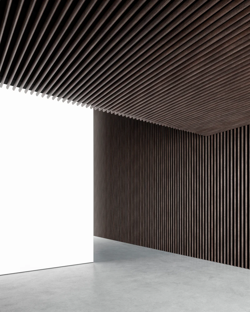 Oben: Die Lamellen des Systems in pulverbeschichtetem Weiss erzeugen eine grafische Streifenoptik. Unten: DresswallStripes gibt es auch in einer warmen Wenge-Holzoptik