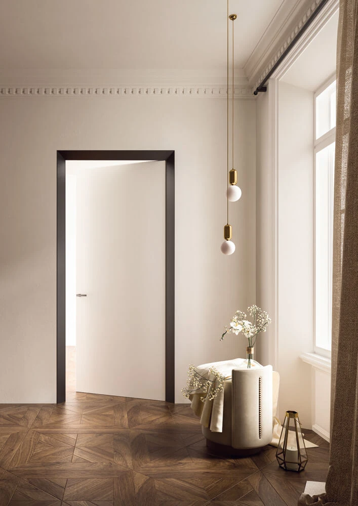 A primer-coated version of the frame can be painted to match walls, revealing itself only through a subtle play of shadows, or treated to a contrasting colour or texture in order to make a statement