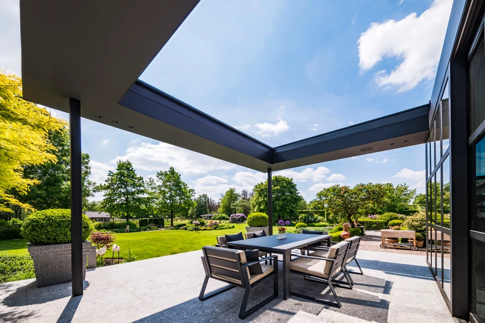 Offering infinite customisation, the cover has optional side elements to further shape outdoor space, as well as additional functions for comfort such as heating